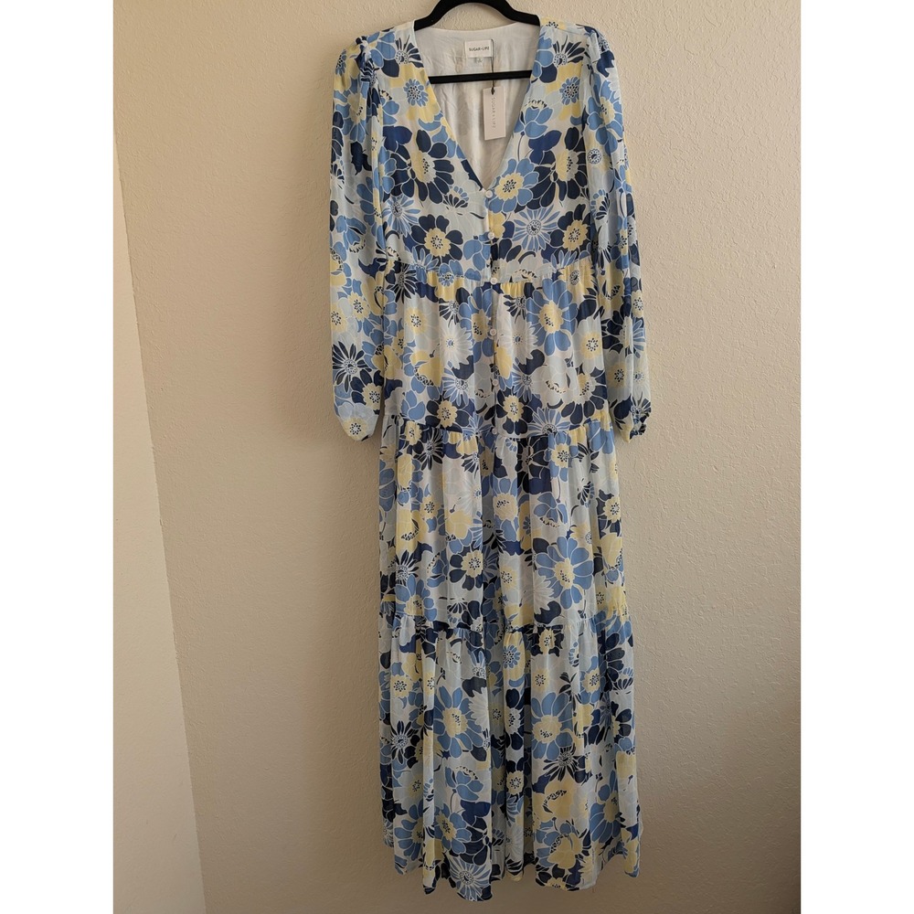 Sugar Lips Blue Yellow Floral Maxi Dress Long Sleeve Tiered V-Neck NWT L